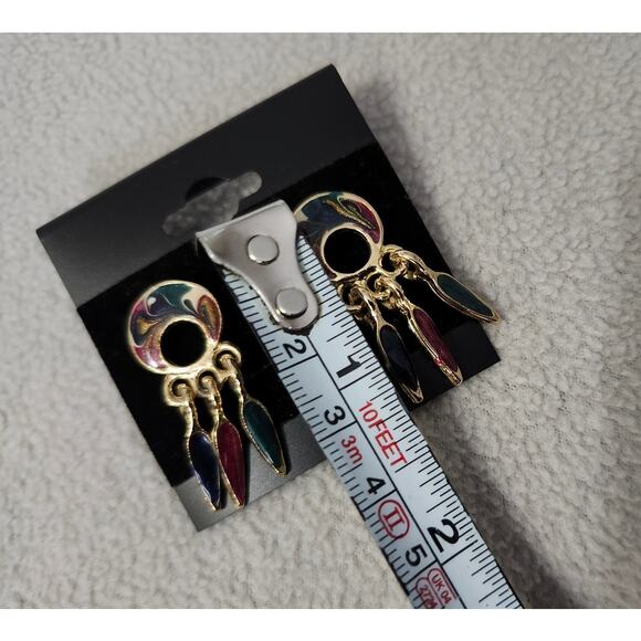 Vintage Gold Tone Swirl Dream Catcher Earrings Acrylic Maroon Dangle - Picture 8 of 8